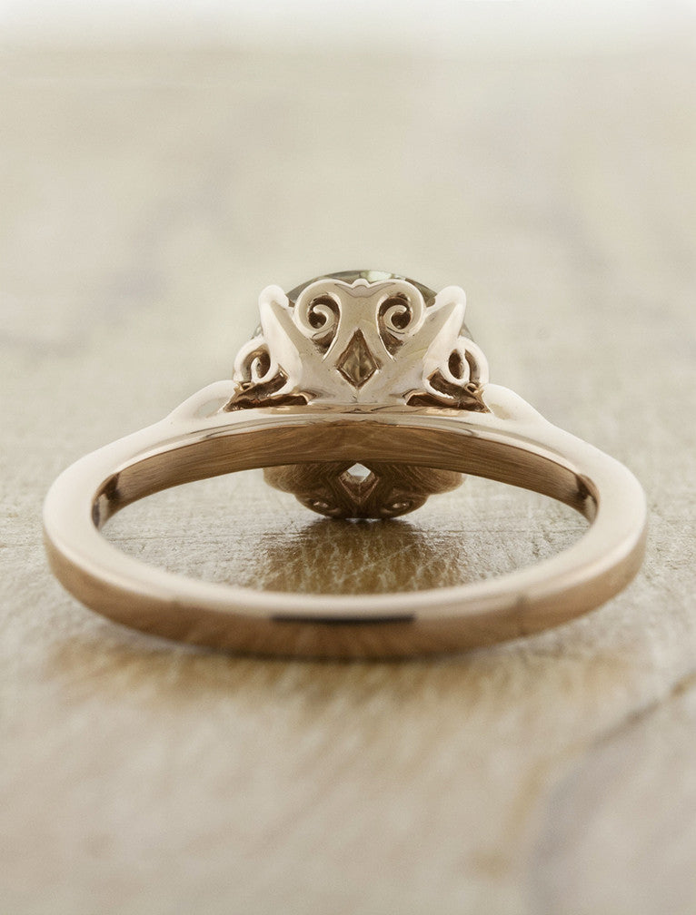 european cut round diamond, rose gold intricate setting engagement ring - basket view