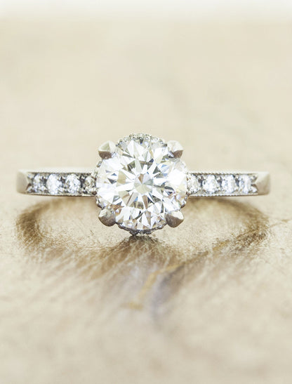 vintage inspired diamond ring with beaded trim;caption:1.10ct. Round Diamond Platinum
