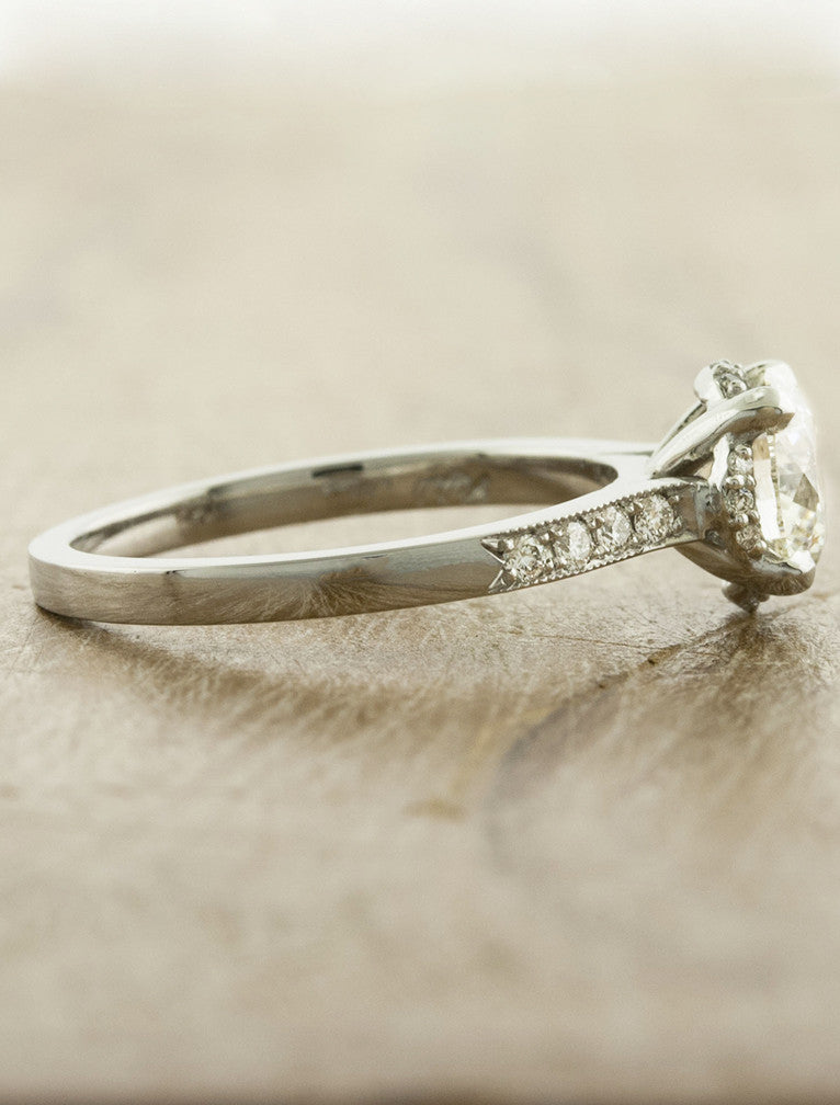 vintage inspired diamond ring with beaded trim - side view