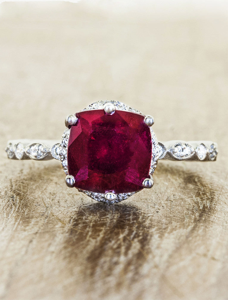 vintage inspired ruby engagement ring, cushion cut