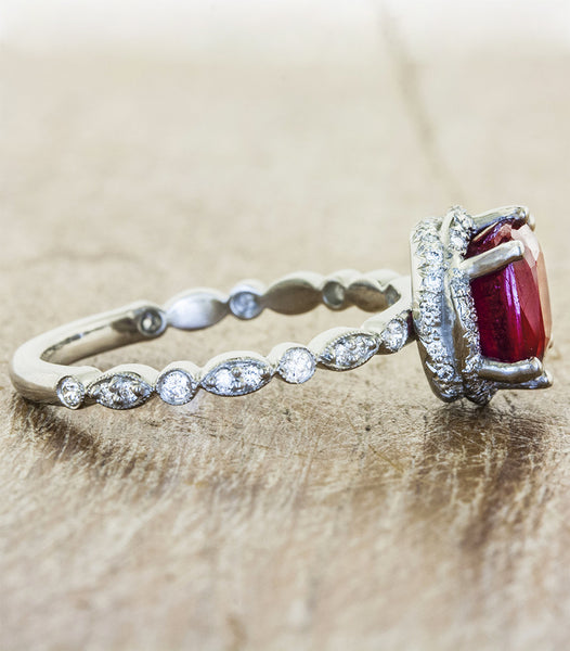 vintage inspired ruby engagement ring, cushion cut - view of band