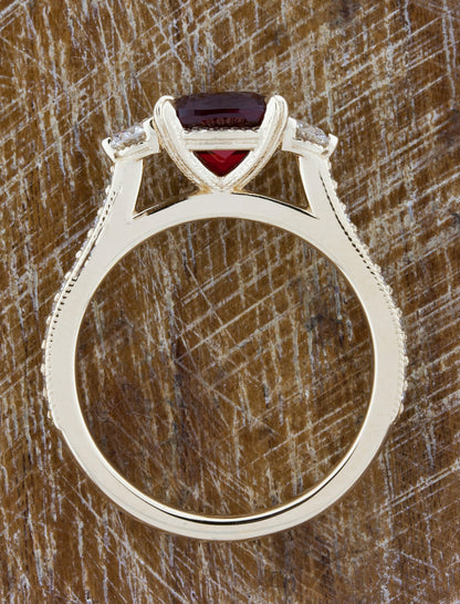 Three-Stone Ruby Ring with Pave - Intricate Setting