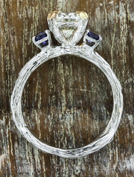 unique tree bark band, three stone engagement ring - diamond & alexandrite
