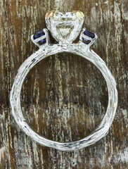 unique tree bark band, three stone engagement ring - diamond & alexandrite
