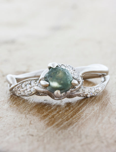 unique nature inspired split shank diamond engagement ring;caption:0.80ct. Rough Sapphire 18k White Gold