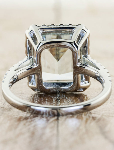 halo emerald cut aquamarine engagement ring, cathedral setting