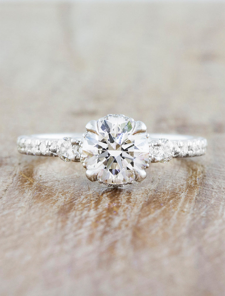 Multi-Stone Vintage Inspired Engagement Ring. caption:0.88ct. Round Diamond  14k White Gold