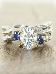 three stone ring - round diamond with alexandrite, gold leaf prongs on tree bark band - matching wedding band