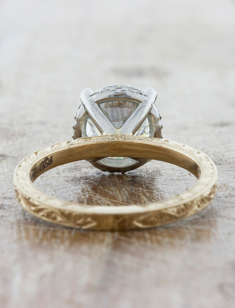 Hand Engraved Diamond Solitaire Engagement Ring in Mixed Metal Setting