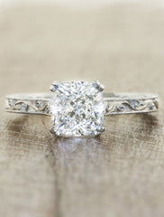 vintage inspired cushion cut diamond solitaire ring;caption:1.50ct. Cushion Cut Diamond Platinum