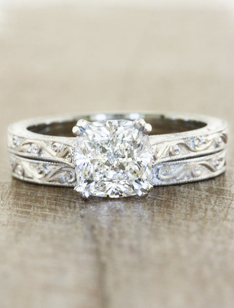 vintage inspired cushion cut diamond solitaire ring - matching band;caption:1.50ct. Cushion Cut Diamond Platinum paired with Raynee wedding band