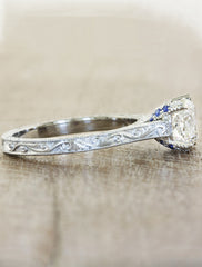 vintage inspired cushion cut diamond solitaire ring - sapphire accents