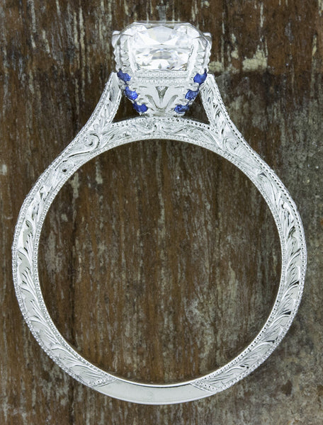 vintage inspired cushion cut diamond solitaire ring - sapphire accents