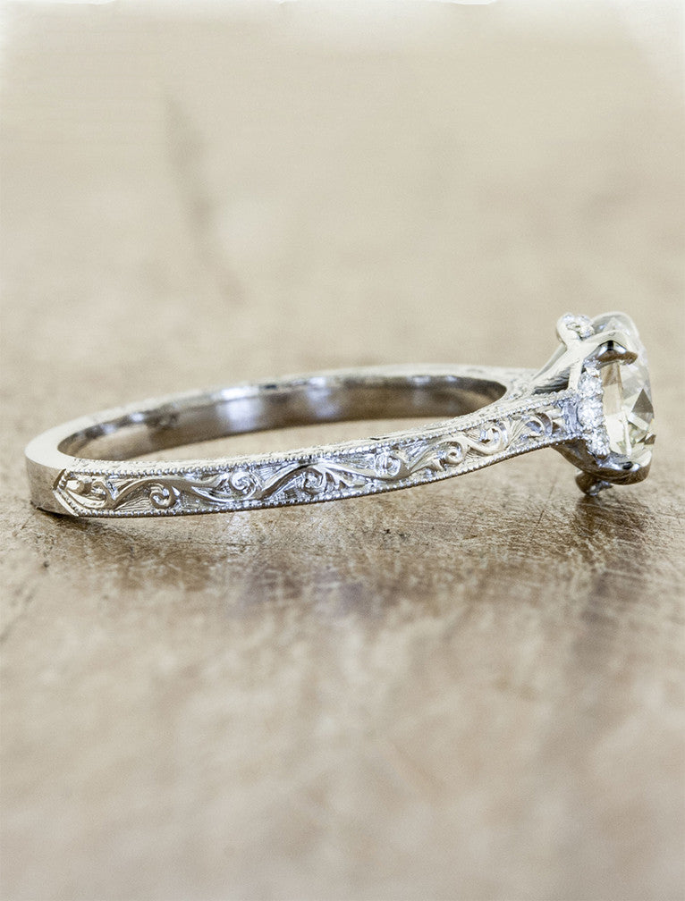 Ginnie: Round Diamond in Delicate Engraved Band Ken Dana Design