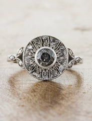 Vintage Inspired Halo Rough Grey Diamond Engagement Ring caption: 14k white gold with rough grey diamonds