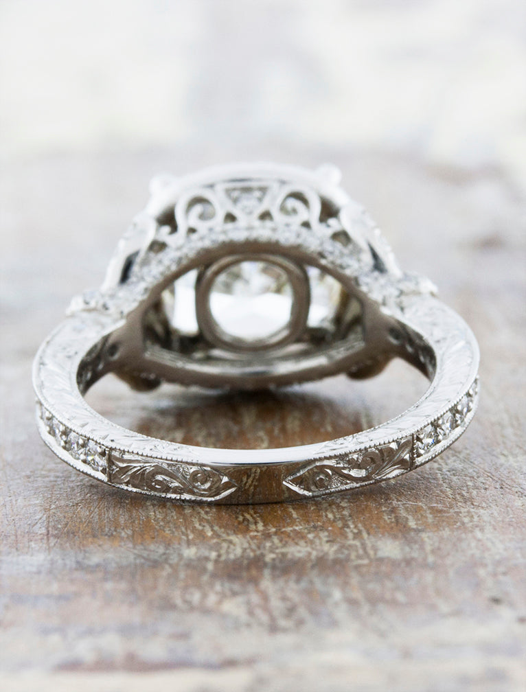 Bow Detail Halo Cushion Cut Diamond Ring, Vintage Inspired