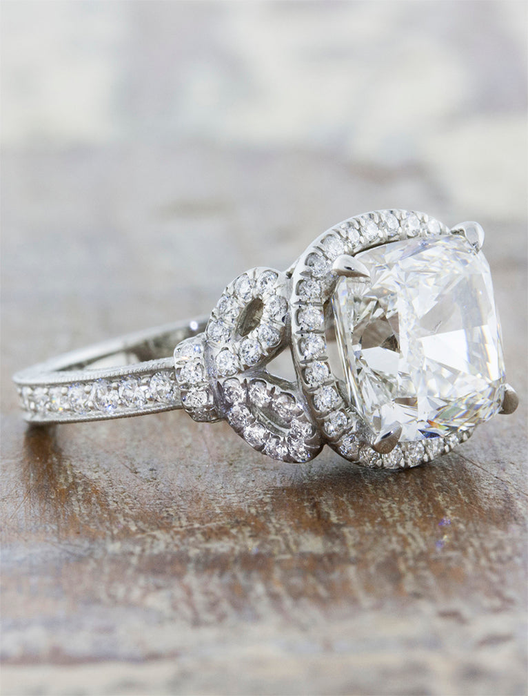 Marigold: Bow Detail Halo Cushion Cut Diamond Ring, Vintage