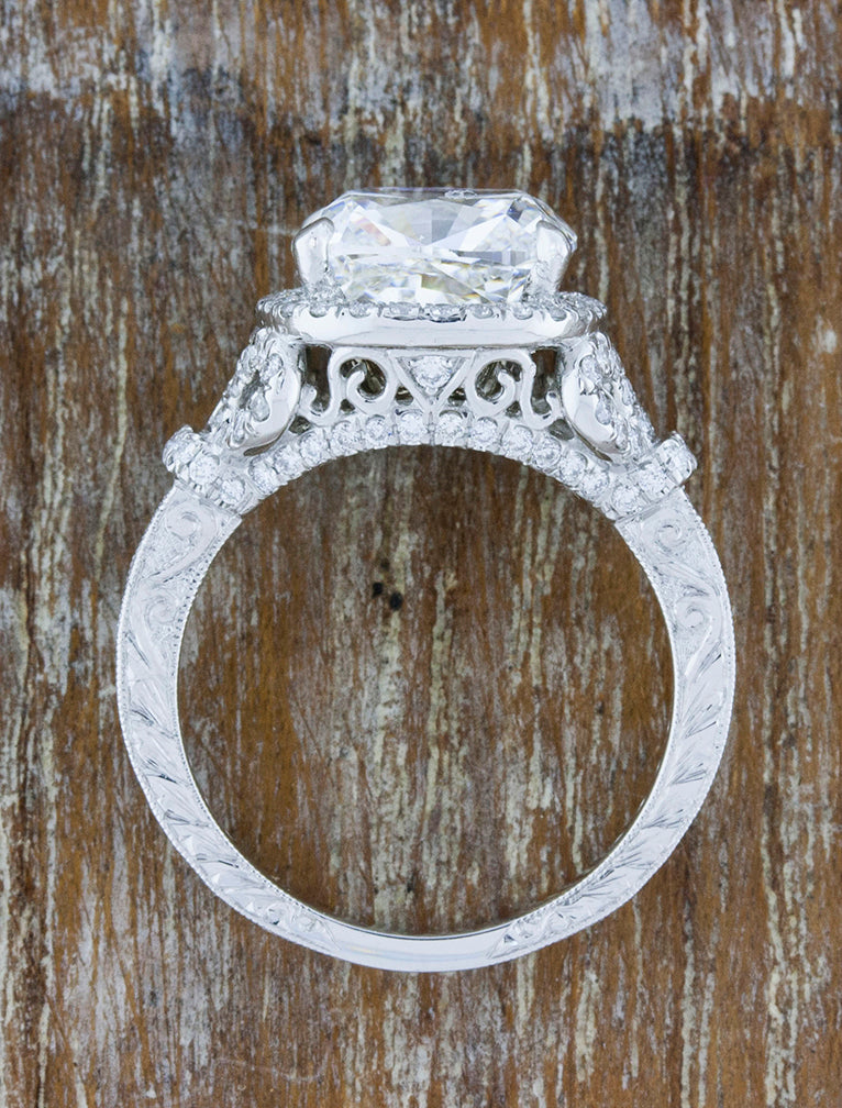 Bow Detail Halo Cushion Cut Diamond Ring, Vintage Inspired