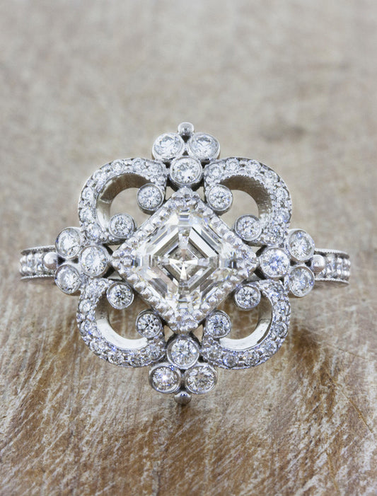 caption:Shown with asscher cut diamond in platinum