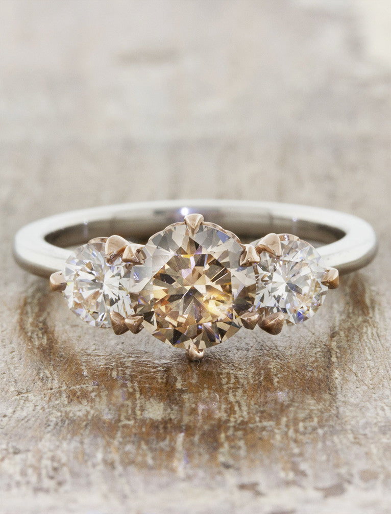 caption:Shown with 1ct round cognac diamond in mixed platinum & 14k rose gold