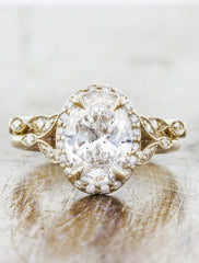 Vintage inspired engagement ring;caption:2.00ct. Oval Diamond 14k Yellow Gold paired with Lusia wedding band