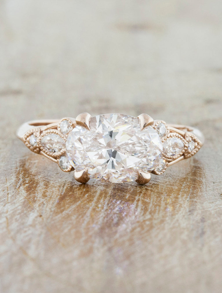 Unique rose gold Oval diamond engagement Ring. caption:Shown with 1.5ct diamond option