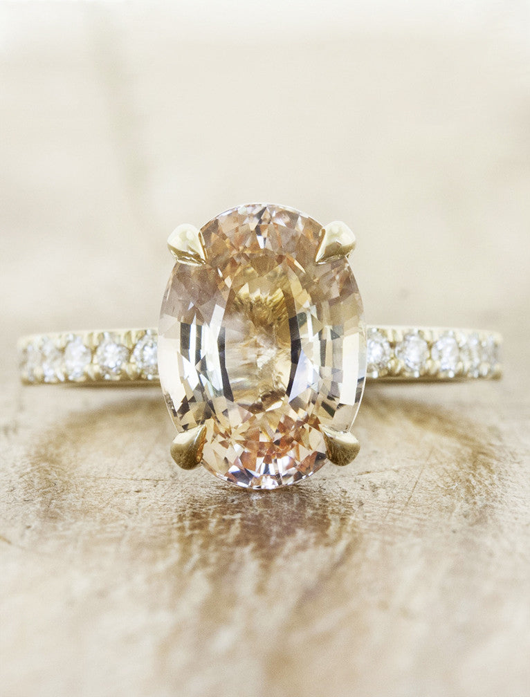 peach sapphire engagement ring with rose gold pave band;caption:1.85ct. Oval Sapphire 14k Yellow Gold