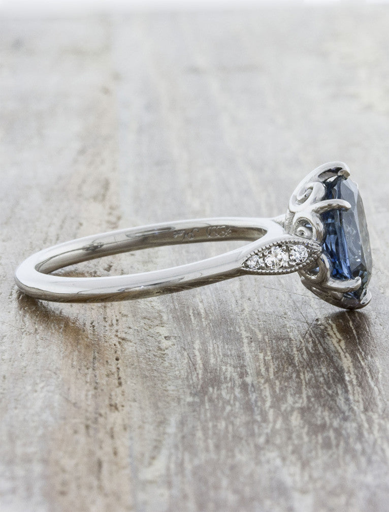 Rosanne: Oval Three-Stone Blue Sapphire Engagement Ring | Ken & Dana