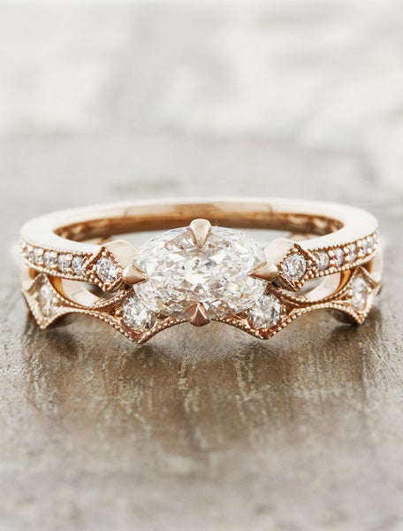 unique scalloped rose gold & diamond wedding band paired with engagement ring