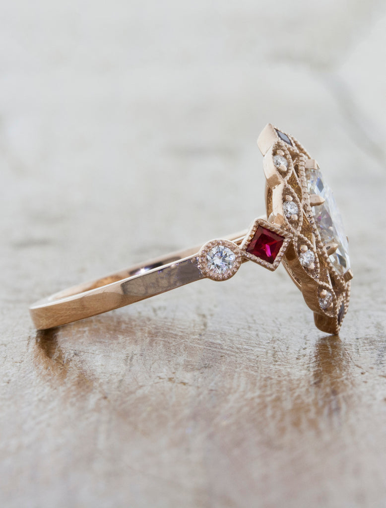 Vintage Inspired Marquis Diamond Ruby Engagement Ring