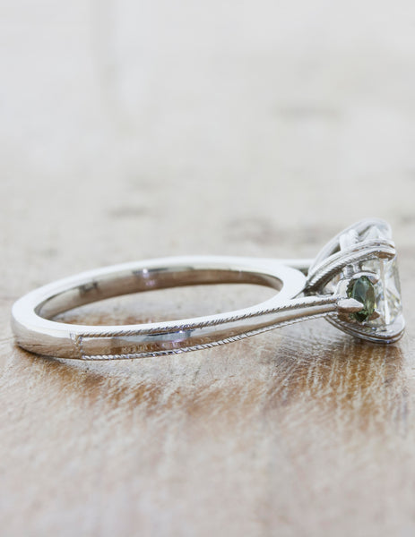 Cushion Cut Three Stone Diamond Ring with Montana Sapphires