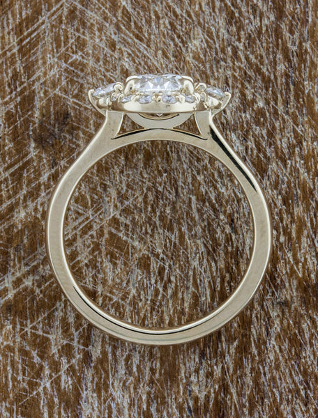 three stone, oval diamond vintage-inspired halo engagement ring - top view