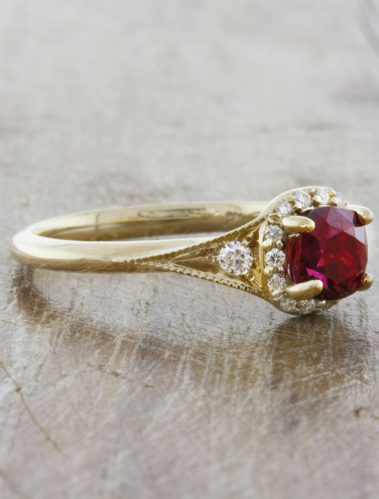 Ruby halo unique engagement ring