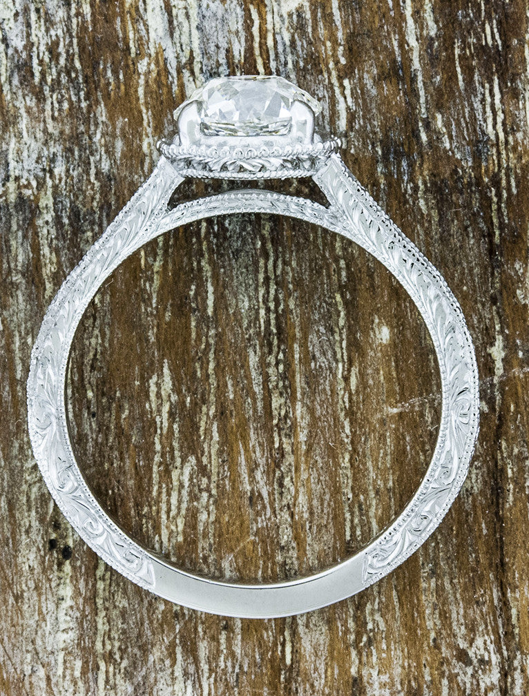 european cut round diamond four prong, vintage inspired, delicate band