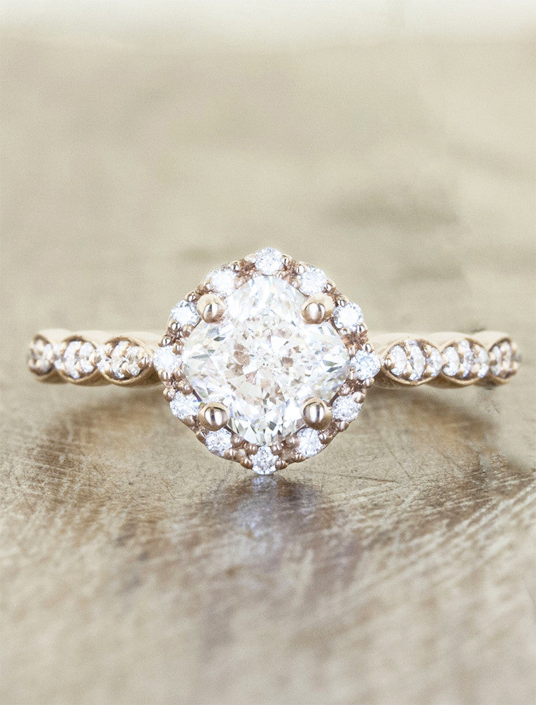 Feminine cushion cut diamond ring;caption:1.20ct. Cushion Cut Diamond 14k Rose Gold