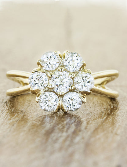 flower shaped diamond and gold engagement ring
