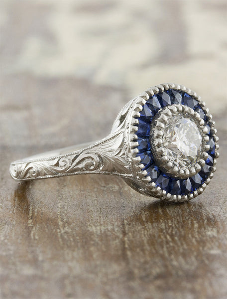 Unique engagement ring sapphire halo vintage inspired and with filigree and vintage inspiration