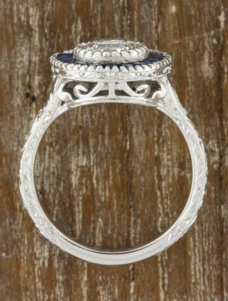 Unique engagement ring sapphire halo vintage inspired and with filigree and vintage inspiration