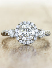 halo round diamond engagement 3-stone ring, rope band;caption:0.75ct. Round Diamond 14k White Gold