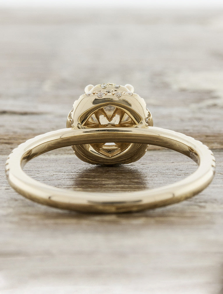 crown setting round diamond ring, yellow gold pave band