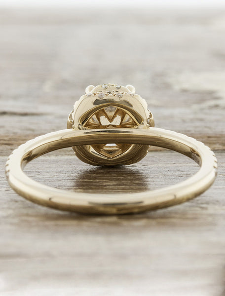 crown setting round diamond ring, yellow gold pave band