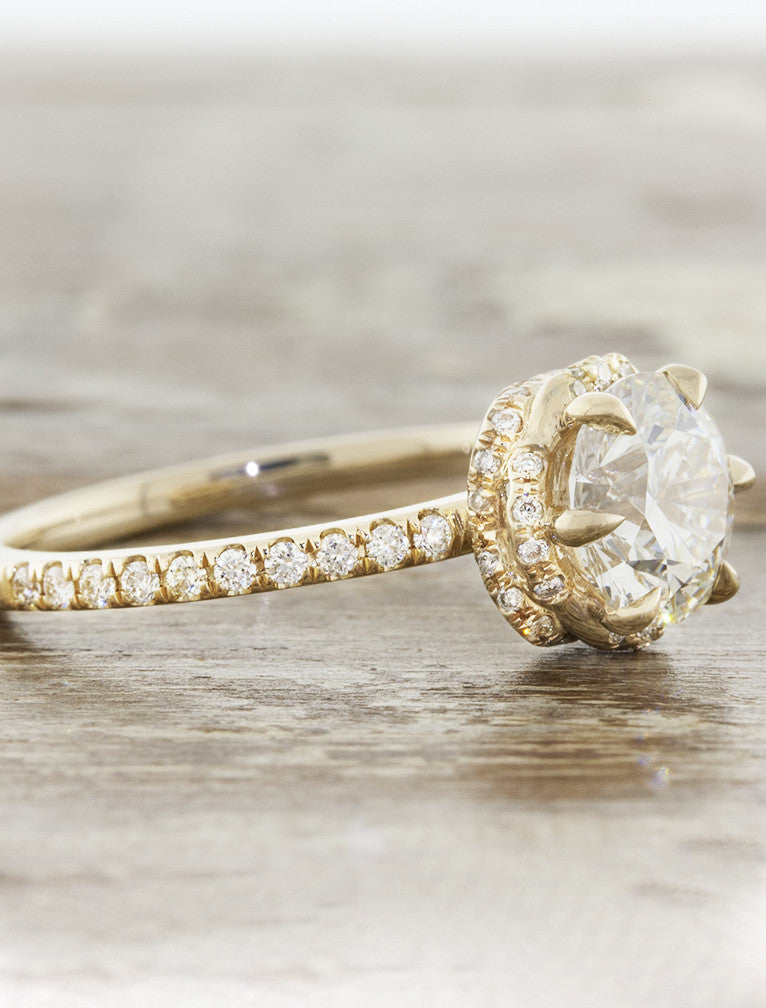 crown setting round diamond ring, yellow gold pave band