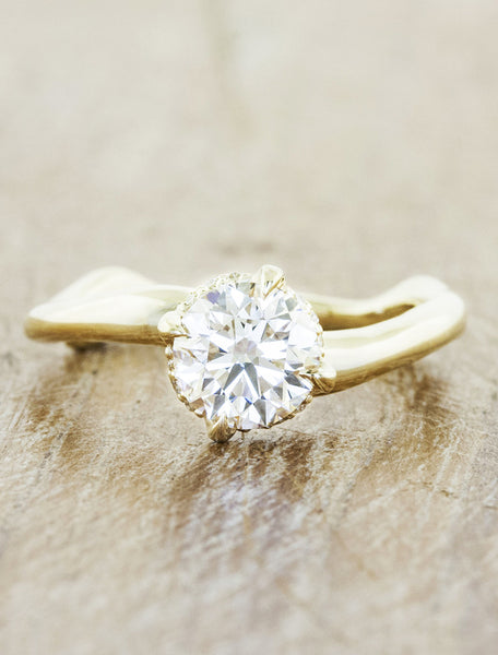 organic shaped band diamond solitaire engagement ring - gold variation;caption:1.00ct. Round Diamond 14k Yellow Gold