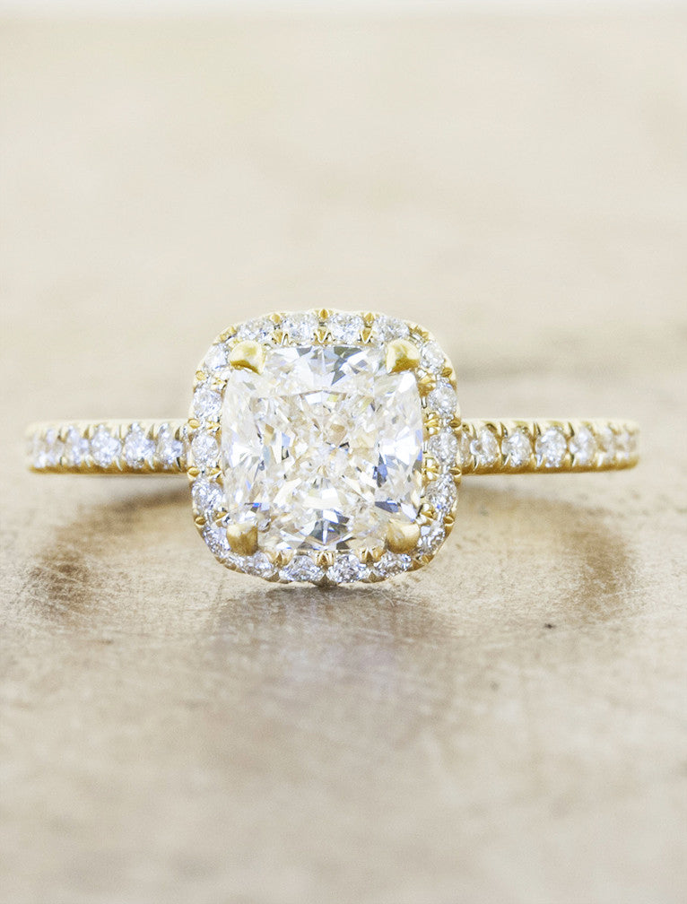 caption:Shown with an 1.50ct cushion diamond, in 14k yellow gold