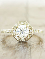Unique vintage inspired halo engagement ring;caption:0.90ct. Round Diamond 14k Yellow Gold