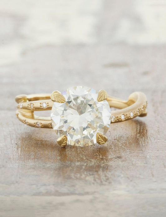 caption:Shown with 1.70ct round diamond in 14k yellow gold, sandblast finish