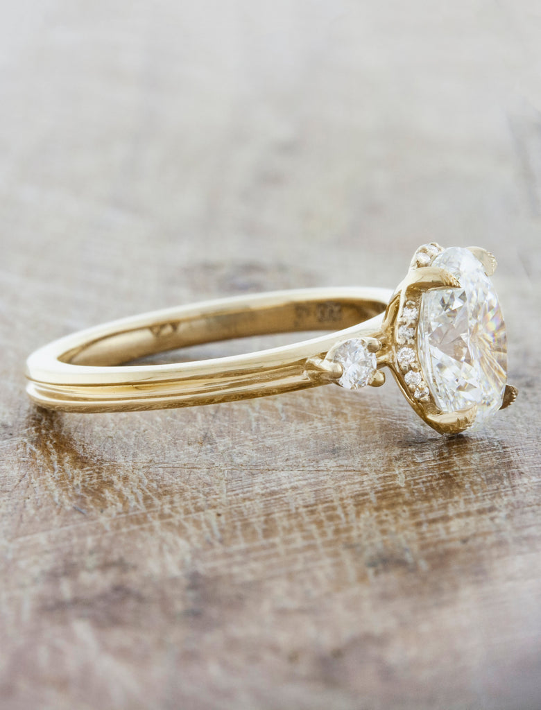 Sleek Modern Yellow Gold Double Band, Oval Diamond Solitaire Ring