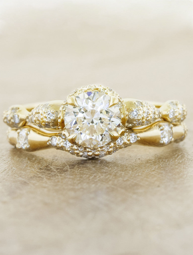 wavy, varying thickness diamond wedding band set - yellow gold, paired with floral engagement ring