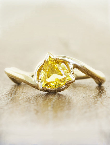 organic inspired raw diamond ring, asymmetrical band caption:1.20ct. Yellow Sapphire Trilliant 14k Yellow Gold