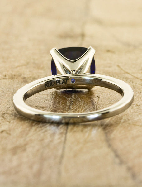 elegant cushion cut cultured blue sapphire ring, diamond band 